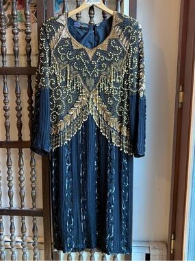 Vintage 80s London Black Silk Gold Beaded Long Sleeve Formal Dress Plus Size 2X